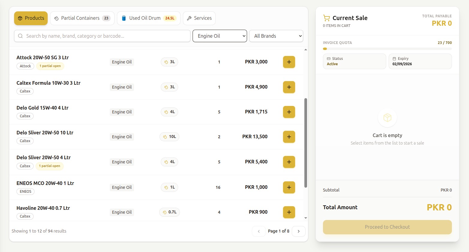 Lubric POS counter screen with product list, Add buttons and checkout panel visible