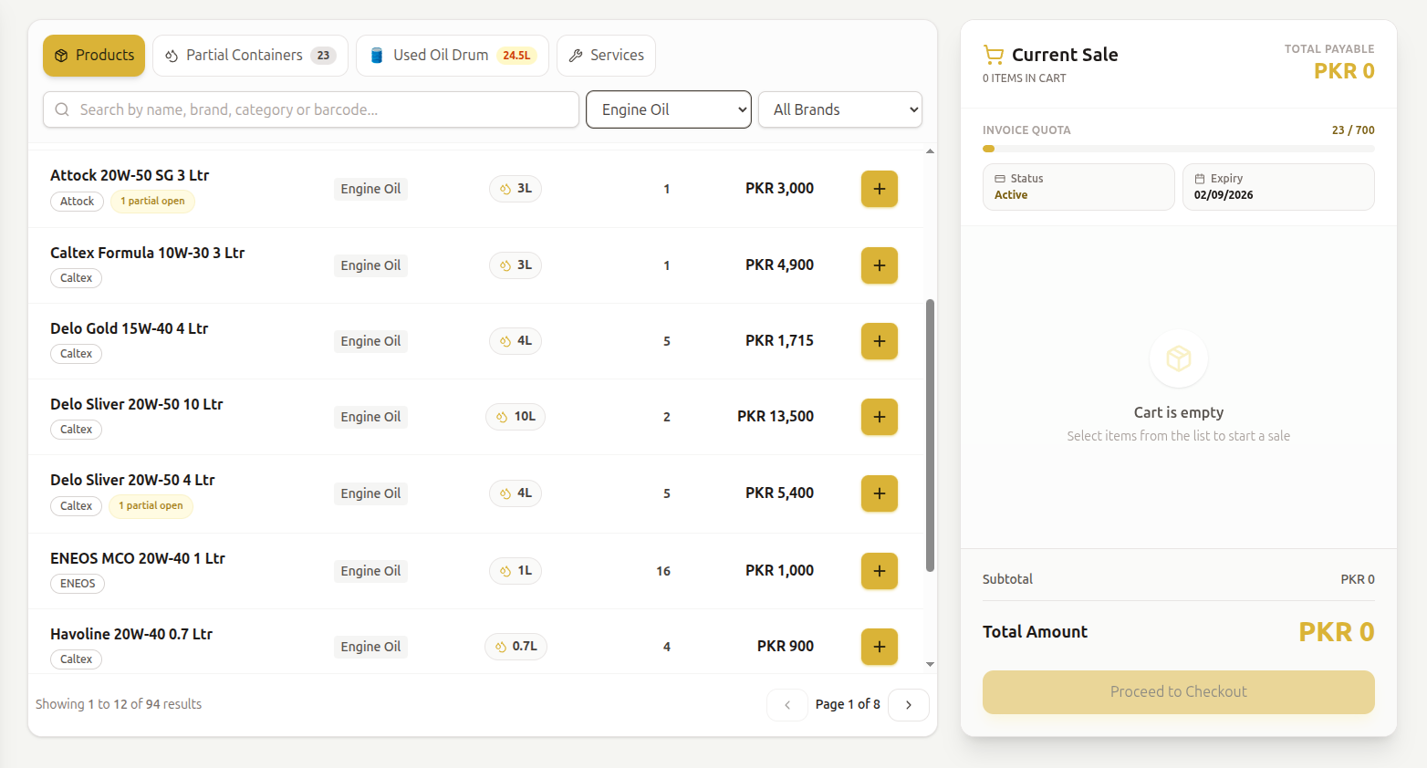 Lubric POS counter screen with product list, Add buttons and checkout panel visible